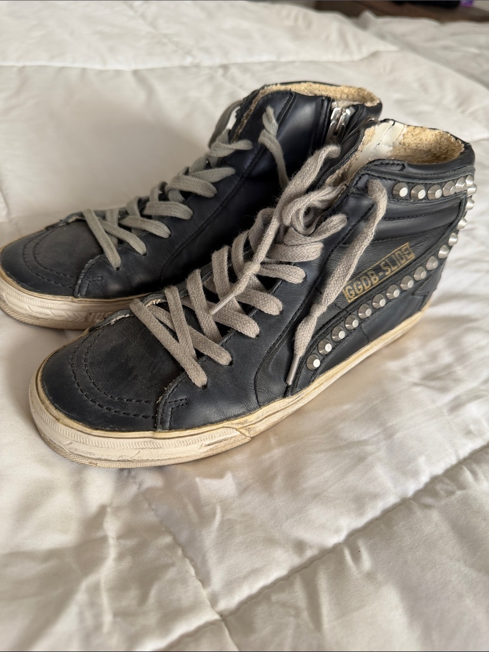 Golden Goose Black Leather High-Top Sneakers with Silver Studs